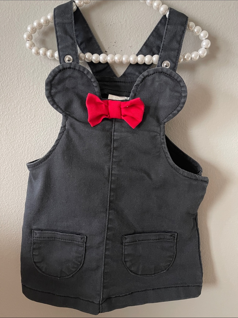 Disney Black Overall Dress with Red Bow Accent